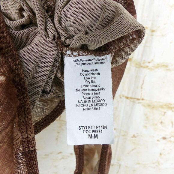 Y2K Bodysuit Women M Brown Jean Pocket Trompe Loeil Mesh Sheer Ruched V-neck VTG - Picture 15 of 15